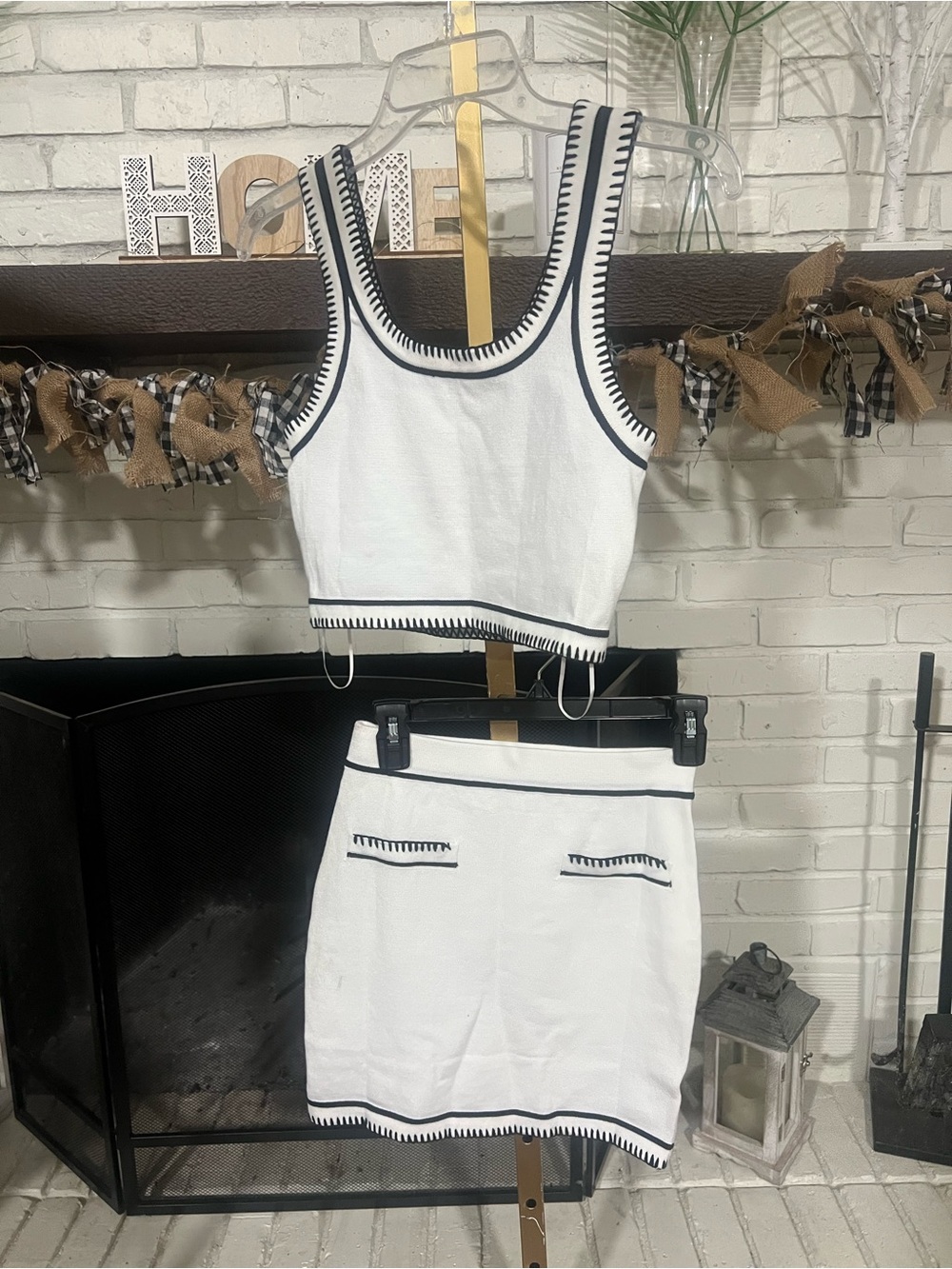 Lena White Knit Two-Piece Set with Black Trim